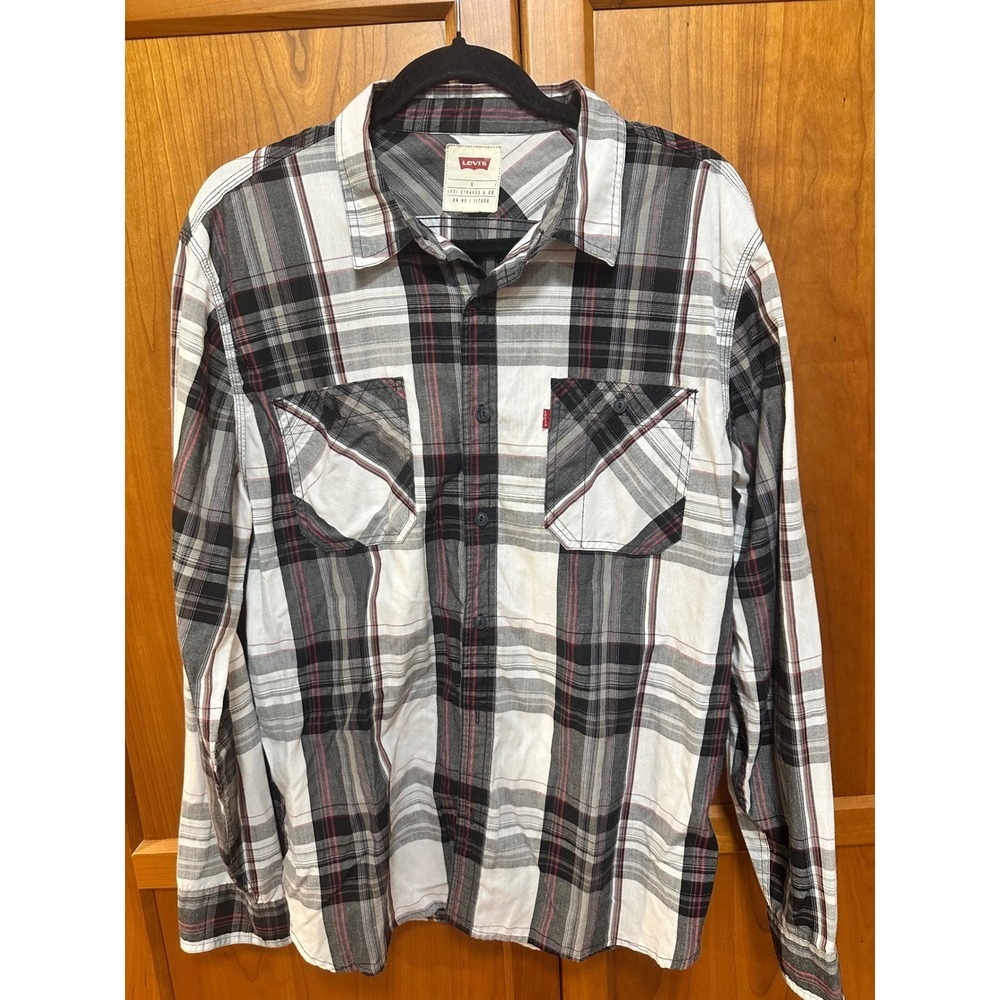 Lucky Brand Mens Plaid Button Down Shirt Black Red White ‎ Size large